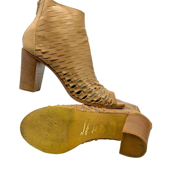 Piampiani Tan Laser Cut Leather Open Toe Booties - Picture 9 of 12